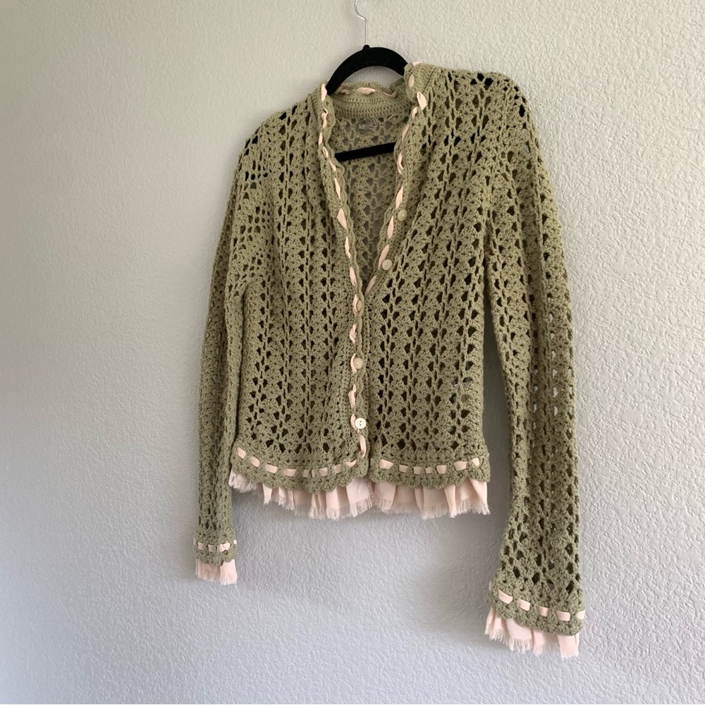 Olive Green Crochet Sweater with Pink Accents - Picture 5 of 8